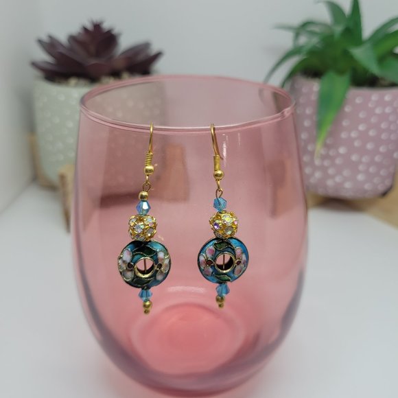 1.5" Cloisonne Round Blue with Pink flower design earrings - Picture 4 of 5